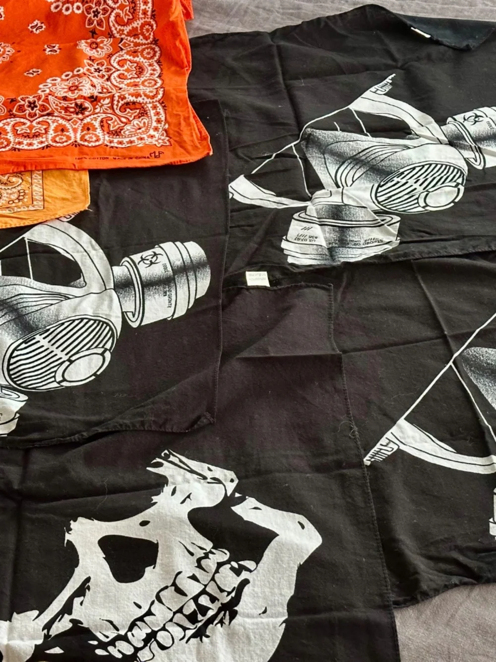Lot of Skull Gas Mask Cotton Bandanas Black (4) + Orange Paisley Bandanas (2)